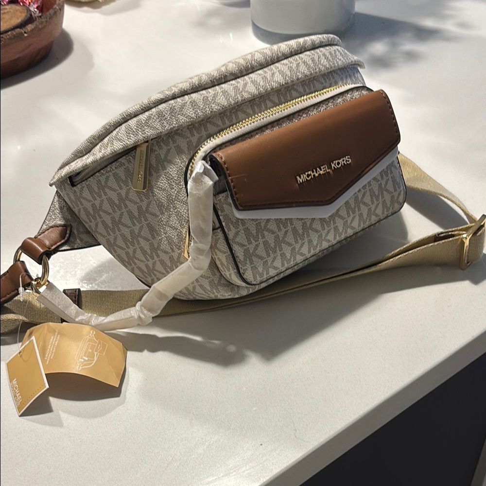 Michael Kors Cream and Brown Crossbody Bag with Textured Design